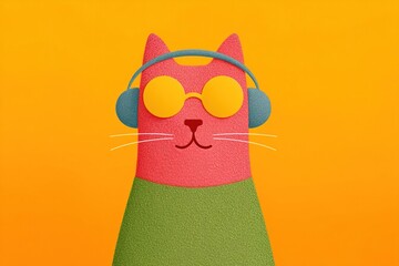 Fototapeta premium Happy cool cat wearing sunglasses and headphones against a vibrant background