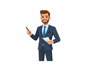Cartoon Businessman in Suit Holding Pen and Paper with a Cheerful Expression