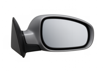 Car side mirror reflecting empty space, silver metallic surface with transparent background, isolated design element