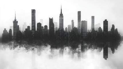 Obraz premium A city skyline, silhouetted against a misty, ethereal cloud layer