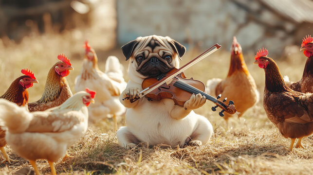 Humorous pug dog playing violin for chickens, quirky rural animal scene