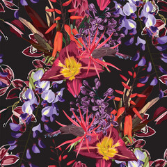Seamless Pattern. Garden flowers. Magical lily, lilac, orchid flowers. Realistic vector image. Print for all types of surfaces. Trendy print.