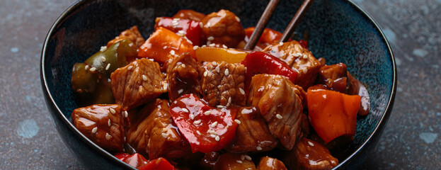 Delicious serving of sweet and sour pork is presented in a blue bowl, with chopsticks, Asian cuisine