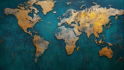A gold and blue painted world map - Powered by Adobe