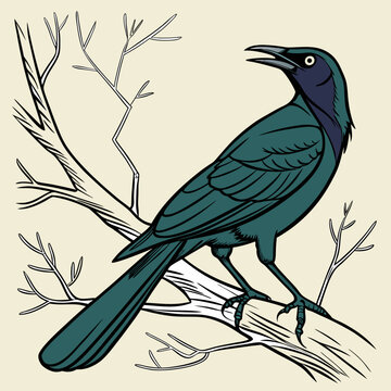 Vibrant vector illustration of a Great-tailed Grackle, showcasing its iridescent plumage and distinctive long tail&mdash;ideal for nature-themed digital projects