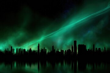 A city skyline is reflected in the water, with a green aurora in the background. The city is lit up at night, creating a serene and peaceful atmosphere