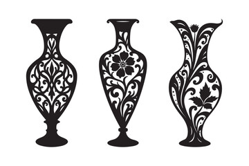 Ornate Floral Vase Silhouette Set Vintage Decorative Black Vector Art