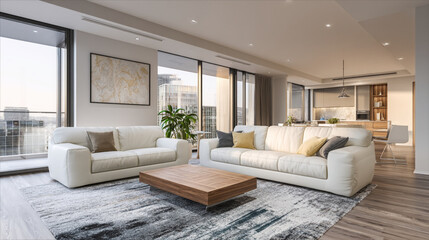 Fototapeta premium Bright living room with two white sofas a wooden coffee table and a patterned rug in a modern apartment