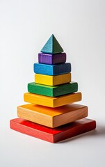 Colorful wooden stacking blocks pyramid against white background