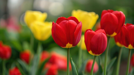 Fototapeta premium Vibrant red tulips in sharp focus with soft yellow tulips blurred in the background, creating a bright and lively floral scene with ample copy space...