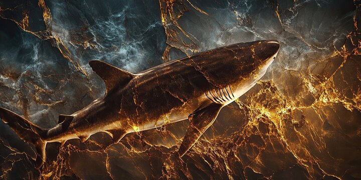 Gold shark in a swirling, marbled sea - Powered by Adobe