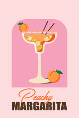 refreshing peach margarita cocktail with lime and ice in modern retro glass illustration for summer drinks menu, bar poster, party invitation or fruit cocktail advertisement on pink background