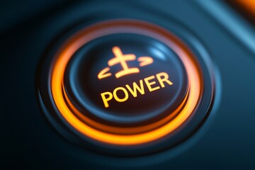 Illuminated Power Button with Airplane Mode Symbol on Dark Blue Surface, Macro Shot