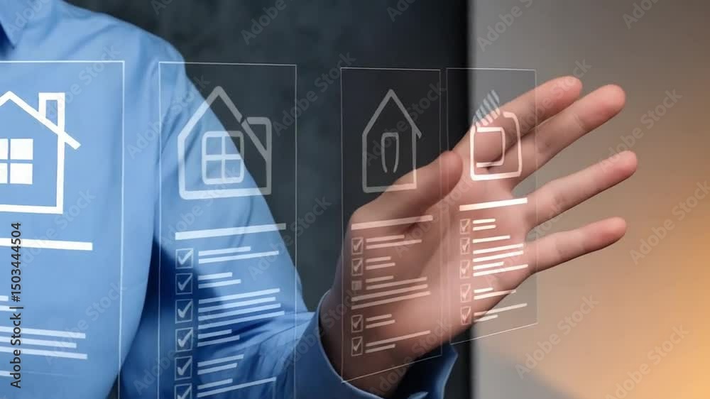 Poster Person interacting with virtual house listings and checkmarks on a transparent interface screen