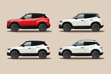 Fototapeta premium Four side views of SUVs in red and white