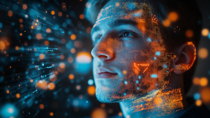 Abstract digital portrait of a young man with futuristic orange and blue light effects on his face art.