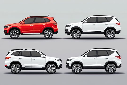 Four SUVs, side view, red and white