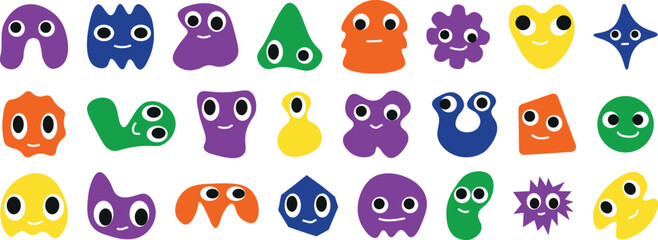 Set of Colorful Funny Shape Elements Vector – Cute Cartoon Doodle Characters with Eyes, Geometric and Organic Shapes for Stickers, Toys, Kids Decorations, and Fun Graphic Design