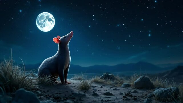 An aardvark pausing under moonlight, looking up at the silent, starry sky