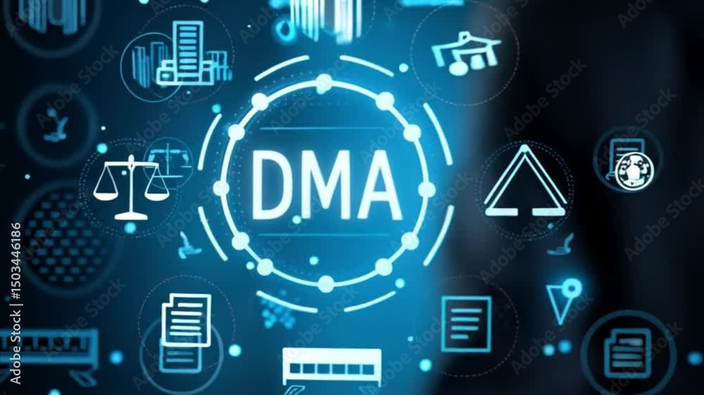 Poster man in suit presents dma text surrounded by digital icons on a blue glowing background design concep