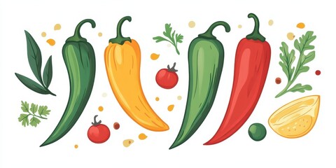 Fototapeta premium Traditional Mexican Cuisine: Flat Illustration of Vibrant Green Chili Pepper as Key Ingredient