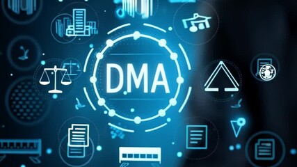 Man in suit presents dma text surrounded by digital icons on a blue glowing background design concept - Powered by Adobe