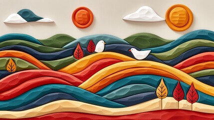 Stylized birds soaring in a textured abstract landscape sculpture capturing grace and freedom