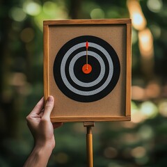 Concept business strategy and future sustainable business finance action plan. Hand holding target board for creative and set up business objective target and success and business goals concept. 
