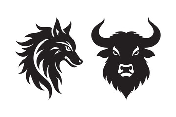 Wolf and Bull Head Silhouettes Tribal Animal Vector Logo Designs