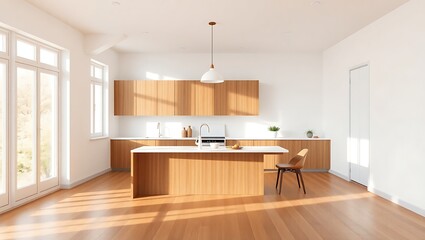 Modern kitchen and dining room with natural light and wooden details 