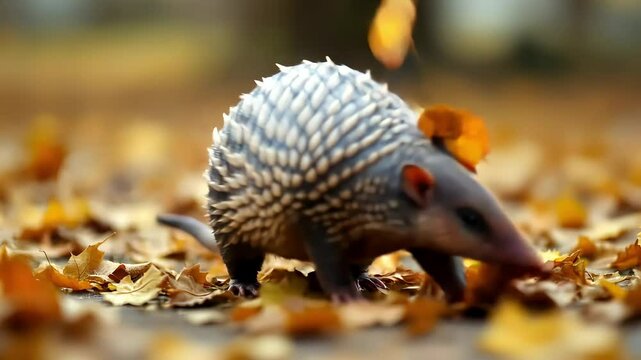 An armadillo playing by chasing falling leaves, skittering side to side