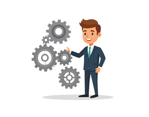 Cartoon Businessman with Gears Pointing to the Mechanism Wearing a Blue Suit