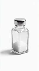 Clear glass salt shaker with light-gray metal cap