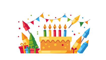 Obraz premium colorful-birthday-party-celebration-vector-illustration-with-cake-gifts-streamers-and-fireworks-bright-festive-design-for-cards-invitations-and-social-media