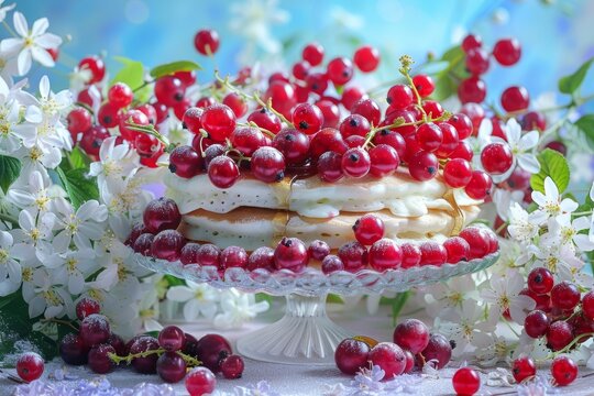 Layered Pancake Cake Decorated with Fresh Red Currant Berries and sugared Cranberries on a Table.
