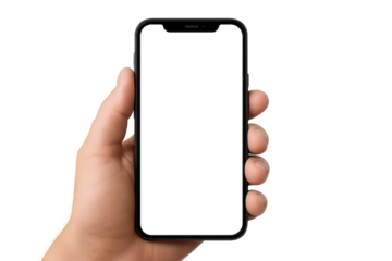 Hand holding smartphone, blank screen displayed, casual setting highlights technology usage and potential for customization. Isolated on white background or PNG