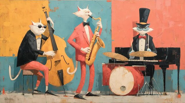 Cool Cats Jazz Band: A whimsical painting of three cats playing jazz instruments.