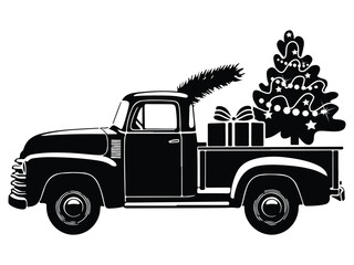 Christmas truck with tree silhouette Vector illustration, Christmas pickup Silhouette