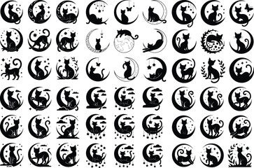 Cat Sitting on Moon Silhouette – Magical Night Clipart Set Moon and Cat Silhouette Bundle – Mystical Vector Collection