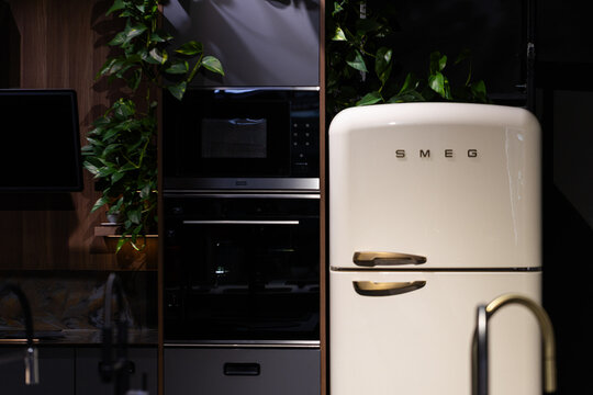 Lviv, Ukraine - May 22, 2025: SMEG coffee machine and mixer in kitchen