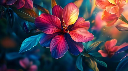 Obraz premium Vibrant floral nature digital art diverse colorful flowers lush leaves artistic garden composition image