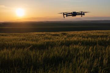 silhouette of a drone flying to help with the efficient cultivation of agricultural crops