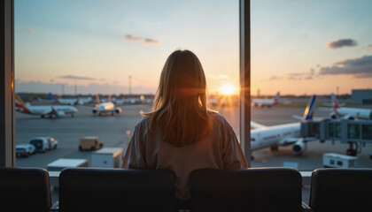 Woman watching sunset at airport