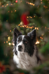 Vertical Portrait of Border Collie with Cute Look during Christmas Season. Shallow Depth of Field of Adorable Furry Black and White Dog.