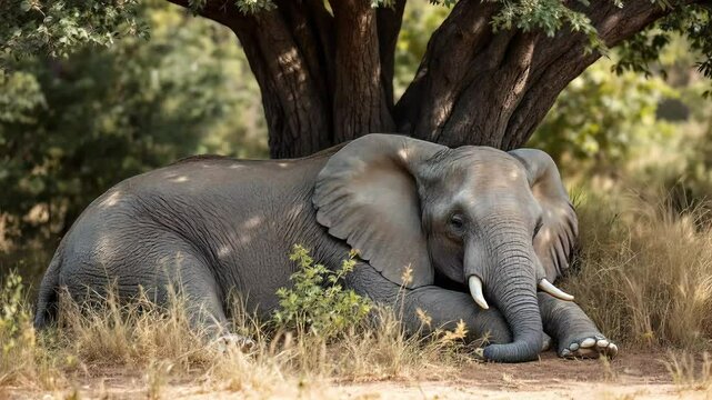 A elephant dis taking rest under a tree