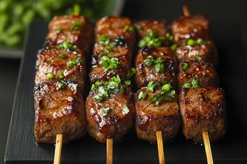 Sizzling Skewers: A close-up shot captures the essence of grilled skewers, meticulously arranged with glistening meat, tantalizing viewers with the savory allure of expertly prepared food.