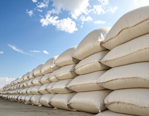 

Dozens of large white sacks are meticulously stacked in long, uniform rows under a bright blue sky, likely filled with agricultural products or industrial materials.