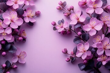 Fototapeta premium Blossom Symphony: An eye-level shot showcases delicate pink blossoms and buds, a stunning floral arrangement casting graceful shadows, embodying spring's arrival in vibrant hues and subtle gradients.