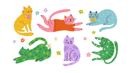 Whimsical Cat Cute Pet Illustration Vector Flat Quirky Cartoon Animal Happy Character Set