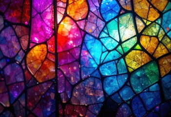 Colorful stained glass window creates a vibrant display of light and texture in an artistic space